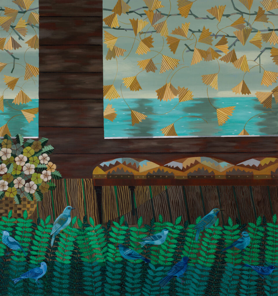 Gail Spaien, Blue Birds on the Porch, 2026, Acrylic on linen, 34 x 36 inches