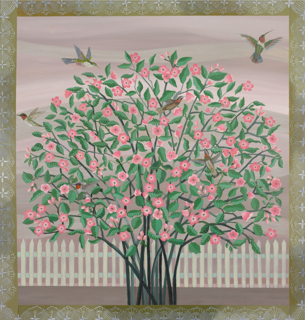 Gail Spaien, Hummingbirds in the Quince Tree, 2026, acrylic on linen, 38 x 40 inches