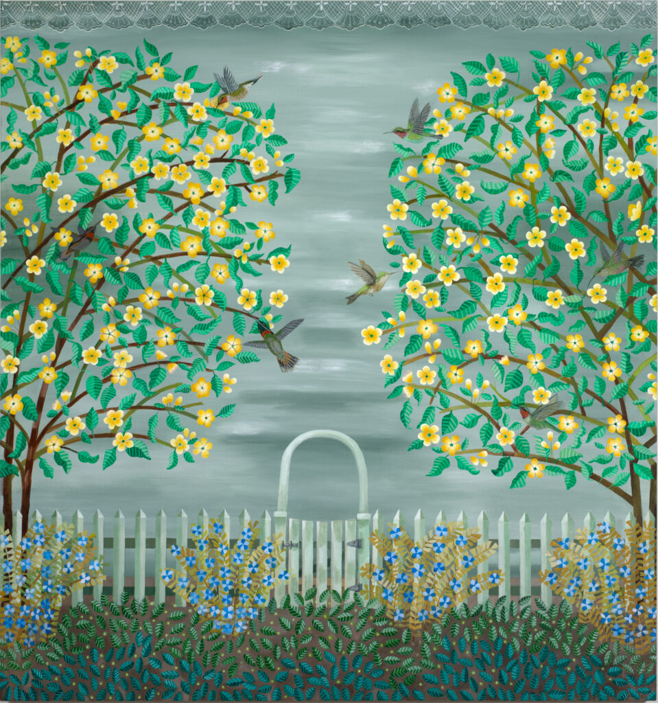 Gail Spaien, Hummingbirds in the Yard, 2026, acrylic on canvas, 45 x 48inches