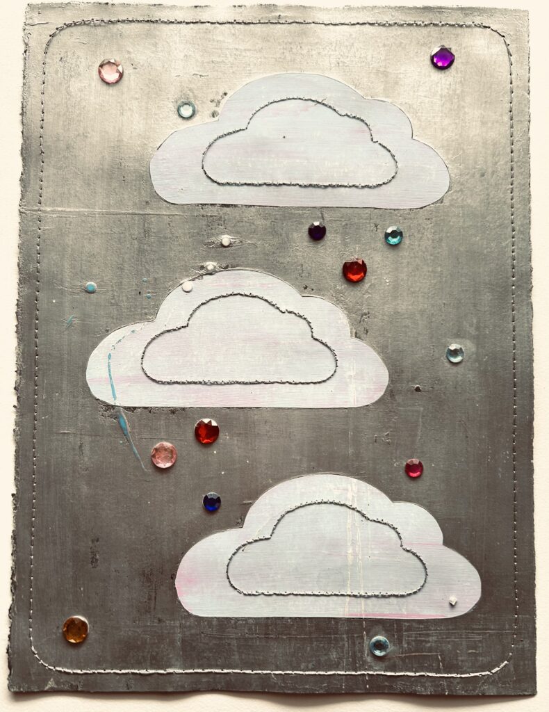 Isabel Riley, Cloudburst, 2026, paint, silver thread, gems on paper, 15 x 11 inches