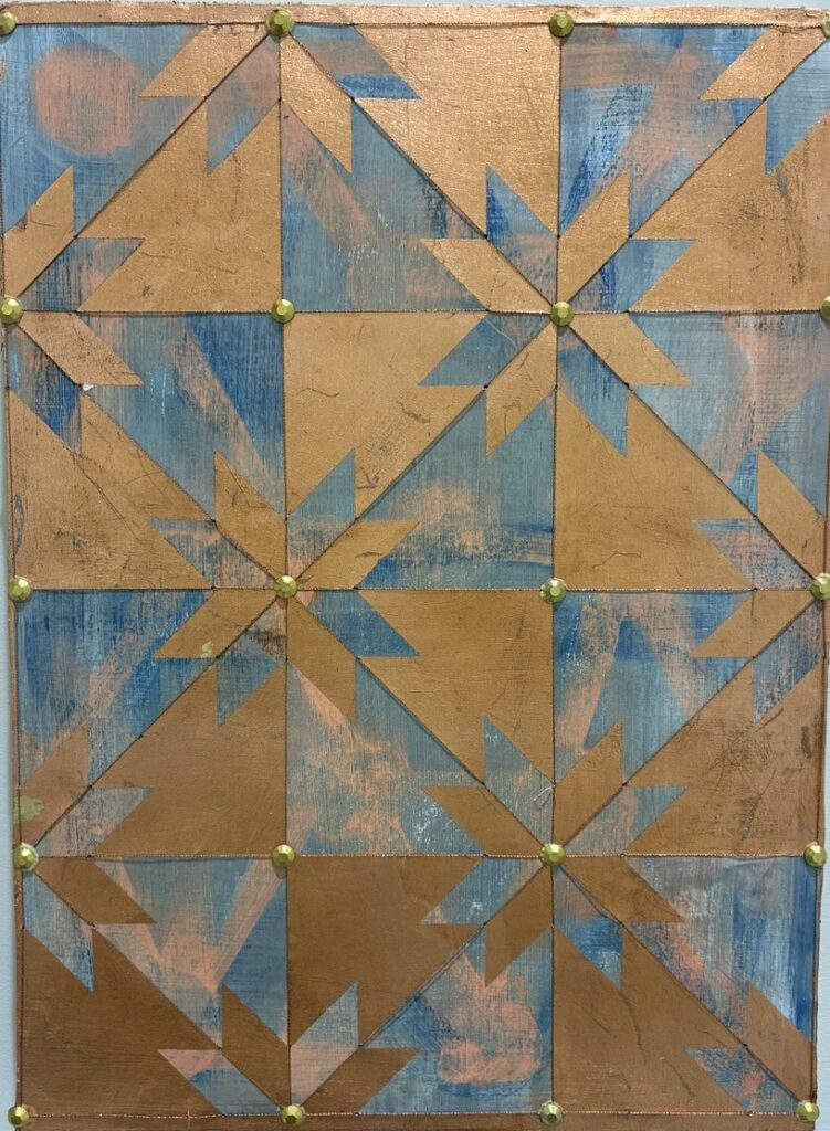 Isabel Riley, Precious Memory, 2026, paint, copper leaf, metallic thread, gold on panel, 15 x 11 inches