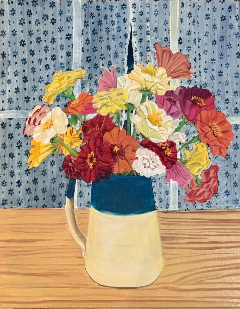 Candice Smith Corby, Bouquet with Curtain, 2026, oil on linen, 14 x 11 inches
